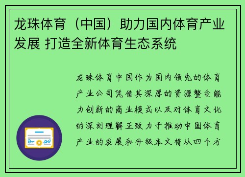 龙珠体育（中国）助力国内体育产业发展 打造全新体育生态系统